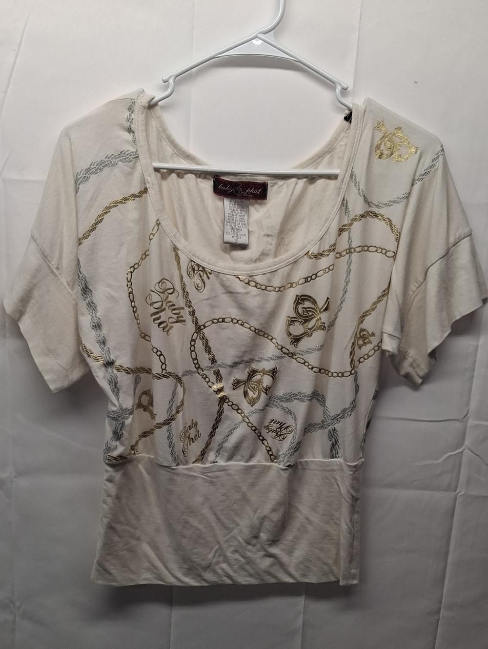 Baby Phat Ivory Scoop Neck Chain-Print Short Sleeve Top